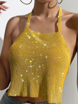 Yellow Sexy Nightclub Metal Shiny Diamond Backless Vest