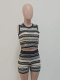 Black Striped Hollow Sweater Fashion Tights Pants Two-Piece Set