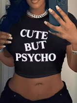 Black Round Neck Fashionable Letter Print Exposed Navel T-Shirt