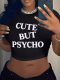 Black Round Neck Fashionable Letter Print Exposed Navel T-Shirt