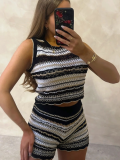 Black Striped Hollow Sweater Fashion Tights Pants Two-Piece Set