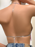 Pink Sexy Nightclub Metal Shiny Diamond Backless Vest