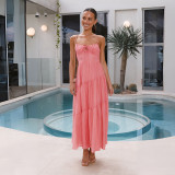 Pink Fashionable Patchwork Strapless Backless Full Skirt Dress