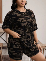 Fashion Camouflage Round Neck Short Sleeve Printed Two-Piece Suit