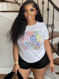 White Printed Round Neck Short Sleeve T-Shirt