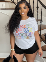 White Printed Round Neck Short Sleeve T-Shirt