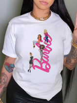 White Printed Round Neck Short Sleeve T-Shirt