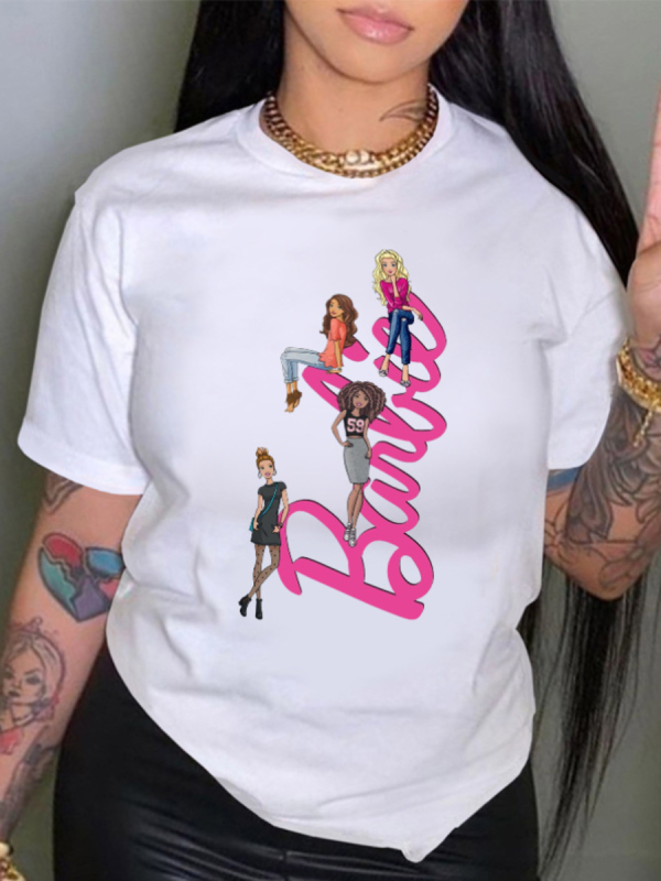 White Printed Round Neck Short Sleeve T-Shirt