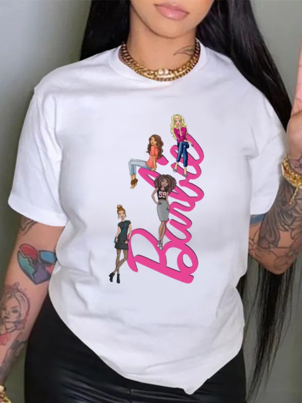 White Printed Round Neck Short Sleeve T-Shirt