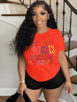 Orange Printed Round Neck Short Sleeve T-Shirt
