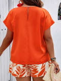 Orange Round Neck Short Sleeve Printed Lace-Up Shorts Two-Piece Suit