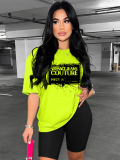 Fluorescent Green Fashion Sports Round Neck Printed Short Sleeve Shorts Two-Piece Set