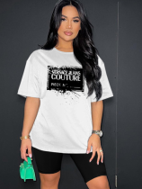 White Fashion Sports Round Neck Printed Short Sleeve Shorts Two-Piece Set
