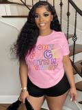 Pink Printed Round Neck Short Sleeve T-Shirt