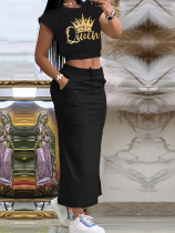 Black Printed Personality Casual Short-Sleeved Long Skirt Two-Piece Suit