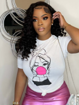 White Printed Round Neck Short Sleeve T-Shirt