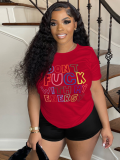 Red Printed Round Neck Short Sleeve T-Shirt