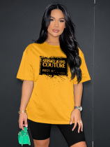 Yellow Fashion Sports Round Neck Printed Short Sleeve Shorts Two-Piece Set