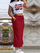 Printed Personality Casual Short-Sleeved Long Skirt Two-Piece Suit