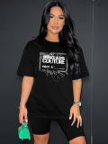 Black Fashion Sports Round Neck Printed Short Sleeve Shorts Two-Piece Set