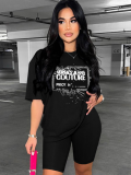 Black Fashion Sports Round Neck Printed Short Sleeve Shorts Two-Piece Set