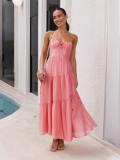 Pink Fashionable Patchwork Strapless Backless Full Skirt Dress