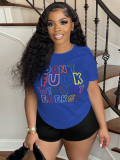 Blue Printed Round Neck Short Sleeve T-Shirt