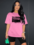 Pink Fashion Sports Round Neck Printed Short Sleeve Shorts Two-Piece Set