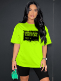 Fluorescent Green Fashion Sports Round Neck Printed Short Sleeve Shorts Two-Piece Set
