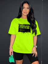 Fluorescent Green Fashion Sports Round Neck Printed Short Sleeve Shorts Two-Piece Set