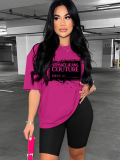 Rose Red Fashion Sports Round Neck Printed Short Sleeve Shorts Two-Piece Set