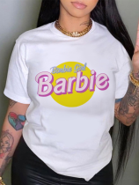 White Printed Round Neck Short Sleeve T-Shirt
