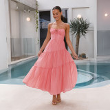 Pink Fashionable Patchwork Strapless Backless Full Skirt Dress