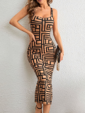 Khaki U-Neck Sleeveless Printed Dress
