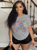 Grey Printed Round Neck Short Sleeve T-Shirt