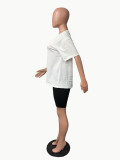 White Fashion Sports Round Neck Printed Short Sleeve Shorts Two-Piece Set