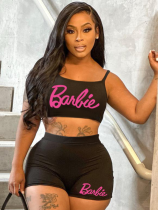 Black Letter Print Suspenders Vest Shorts Two Piece Set
