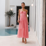 Pink Fashionable Patchwork Strapless Backless Full Skirt Dress