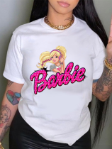 White Printed Round Neck Short Sleeve T-Shirt