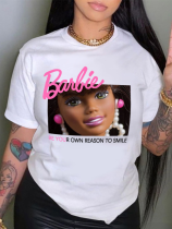 White Printed Round Neck Short Sleeve T-Shirt