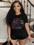 Black Printed Round Neck Short Sleeve T-Shirt