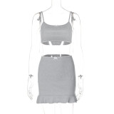 Grey Sexy Exposed Navel Vest Slim Short Skirt Two-Piece Set