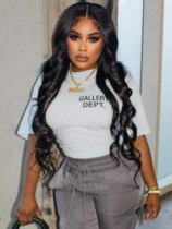 White Letter Print Round Neck Short Sleeve T-Shirt