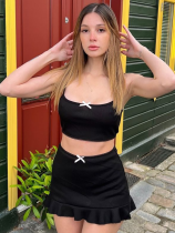 Black Sexy Exposed Navel Vest Slim Short Skirt Two-Piece Set