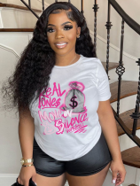 White Letter Print Round Neck Short Sleeve T-Shirt