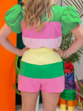 Green Fashion Splicing Lantern Sleeve Casual Waist Shorts Two-Piece Suit