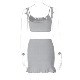 Grey Sexy Exposed Navel Vest Slim Short Skirt Two-Piece Set