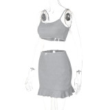 Grey Sexy Exposed Navel Vest Slim Short Skirt Two-Piece Set