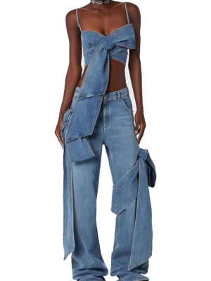 Blue Three-Dimensional Bow Tube Top Vest Knot Wide-Leg Jeans Two-Piece Set