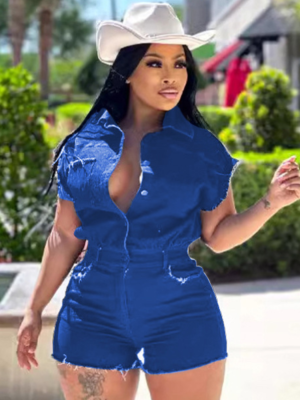 Blue Summer Sexy Elastic Waist Denim Jumpsuit